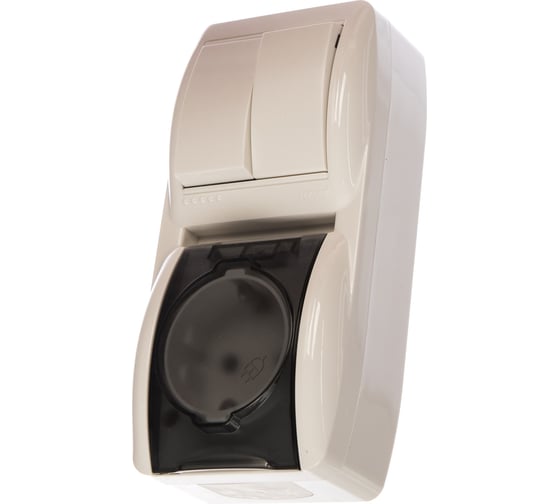 Изображение товара 2-х клавишный выключатель и розетка с крышкой Lezard NATA с заземлением, белый, вертикальный 710-0200-173