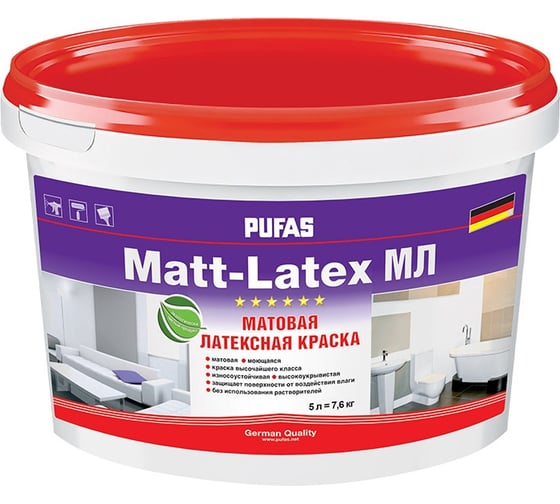 Изображение товара Моющаяся латексная краска Pufas MATT-LATEX матовая Основа D мороз. 5 л, 7,2 кг МЛ тов-084880