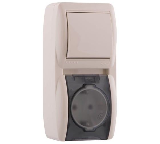 Изображение товара Выключатель и розетка с крышкой Lezard NATA с заземлением, кремовый, вертикальный 710-0300-172