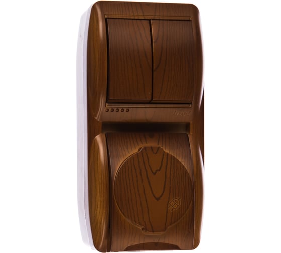 Изображение товара Выключатель и розетка Lezard, NATA, 2-х клавишный, с/з, с крышкой, сосна, вертикальный, 710-0800-173