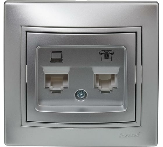 Изображение товара Розетка Lezard, MIRA, компьютер+телефон, серый металлик, со вставкой, 701-1010-143