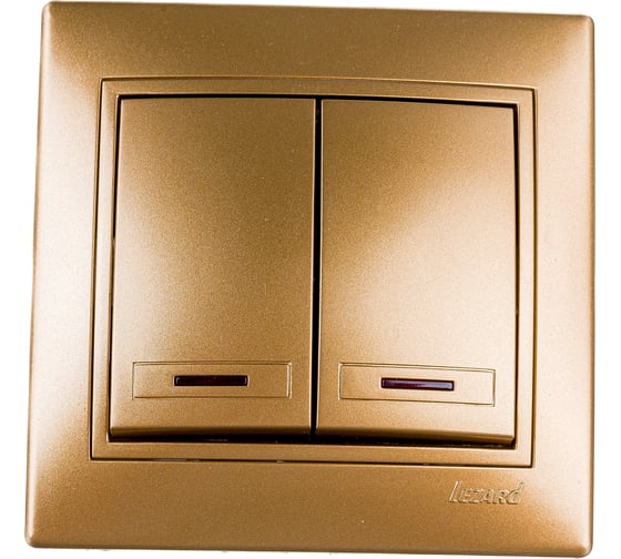 Изображение товара Выключатель Lezard, MIRA, двойной, с подсветкой, золотой металлик, со вставкой, 701-1313-112