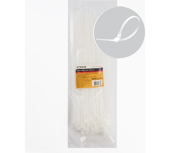 Изображение товара Нейлоновый хомут STEKKER 4,7 x 350 мм, d пучка max 90 мм, нагрузка 22 кг, белый, NYCT47-350 32789