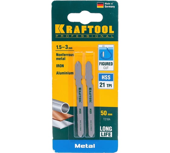 Изображение товара Пилки KRAFTOOL для эл/лобзика, HSS, по металлу, фигурный рез, EU-хвост., шаг 1,2мм, 50мм, 2шт 159553-1,2