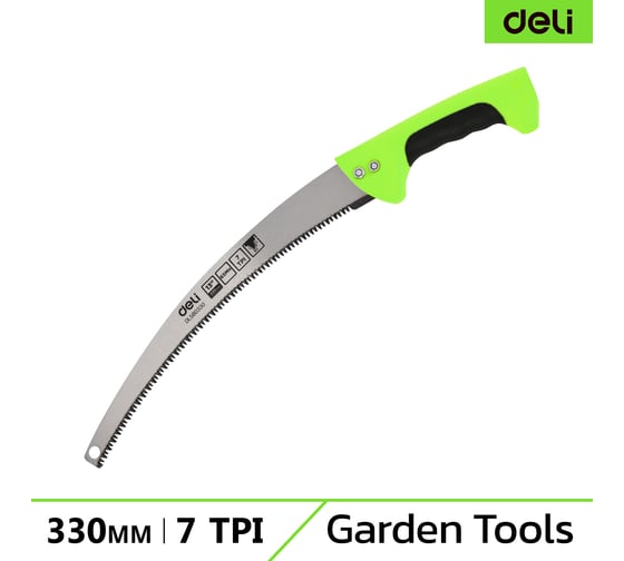 Изображение товара Садовая пила DELI с изогнутым полотном DL580330 330мм, сталь 65MN, шаг зубьев 7 TPI, обрезиненная ручка 146649
