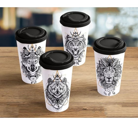 Изображение товара Комплект стаканов с крышкой Idiland IZI-GO 550 мл х 4 шт., с декором, черный 241114630/01