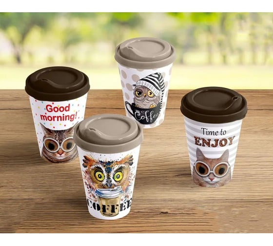 Изображение товара Комплект стаканов с крышкой Idiland IZI-GO 420 мл х 4 шт., с декором, микс 1 241114090/00