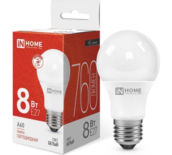 Изображение товара Светодиодная лампа IN HOME LED-A60-VC 8Вт 230В Е27 4000К 760Лм 4690612024028