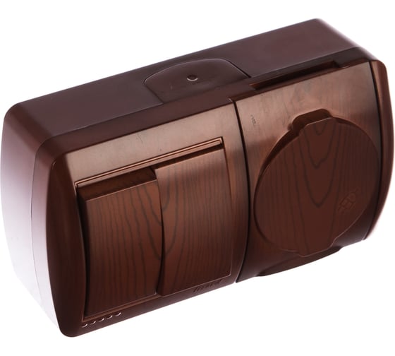 Изображение товара 2-х клавишный выключатель и розетка с крышкой Lezard NATA с заземлением, вишня, горизонтальный 710-0600-171