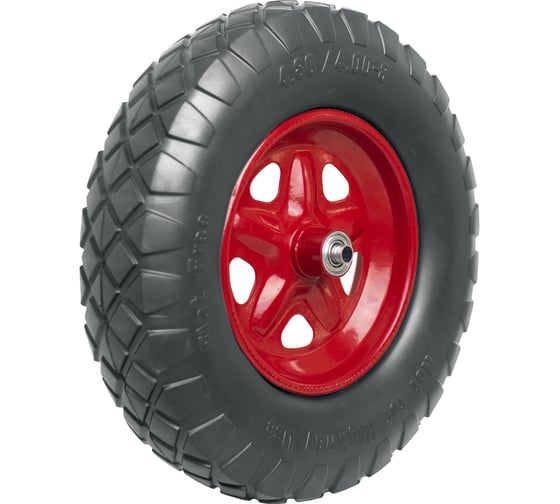 Изображение товара Колесо полиуретановое для садовой тачки или строительной тележки, размер 4.80/4.00-8 (390 мм), подшипник 16 мм, ступица 90 мм, непрокалываемое, цельнолитое, бескамерное Fachmann 05.141