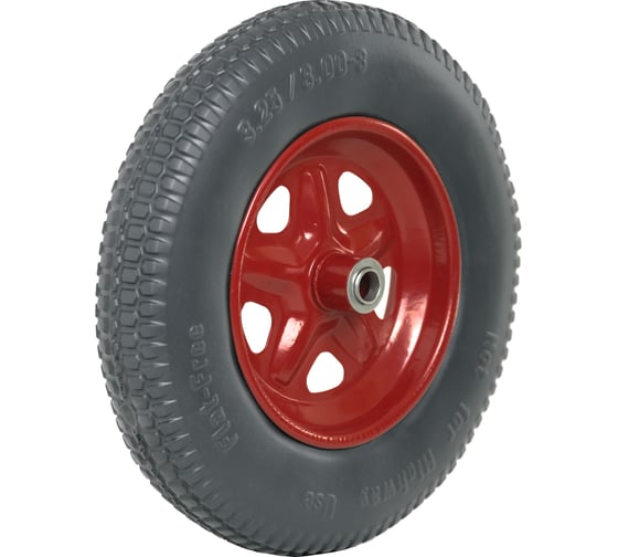 Изображение товара Колесо универсальное полиуретановое для садовой тачки или строительной тележки, размер 3.25/3.00-8 (365 мм), подшипник 16 мм, ступица 90 мм, цельнолитое, бескамерное Fachmann 05.140