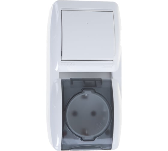 Изображение товара Выключатель и розетка Lezard, NATA, с/з, с крышкой, белый, вертикальный, 710-0200-172