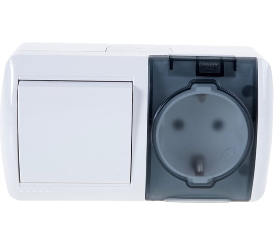 Изображение товара Выключатель и розетка Lezard NATA с заземлением, с крышкой, белый, горизонталь 710-0200-170