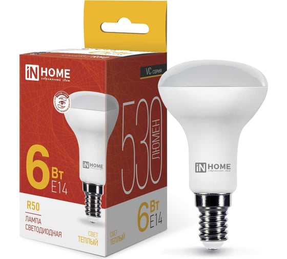 Изображение товара Светодиодная лампа IN HOME LED-R50-VC 6Вт 230В Е14 3000К 530Лм 4690612024240