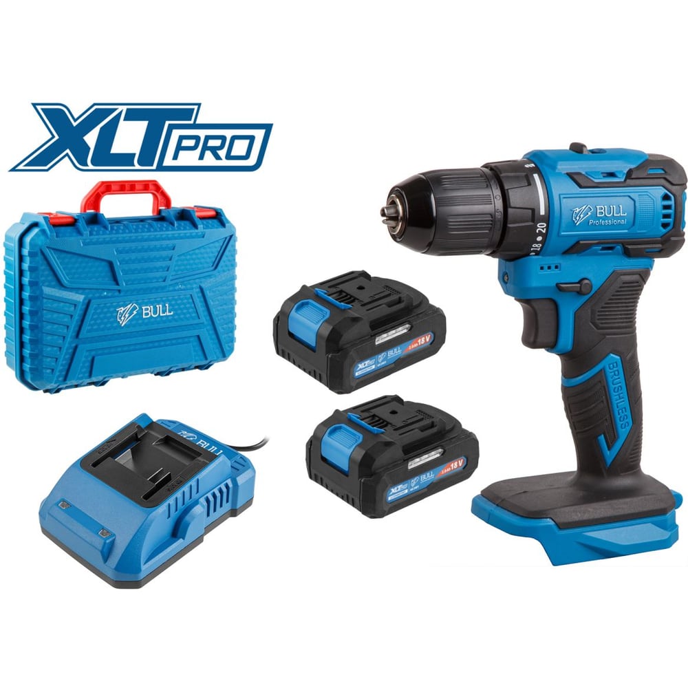 Изображение товара Дрель-шуруповерт аккумуляторная BULL SR 1804 в чемодане, бесщеточная, импульсная, 18 В, 45 Н·м, 2x2 А·ч, зарядное устройство 4 А 1329421 ЦЕ-5649683175
