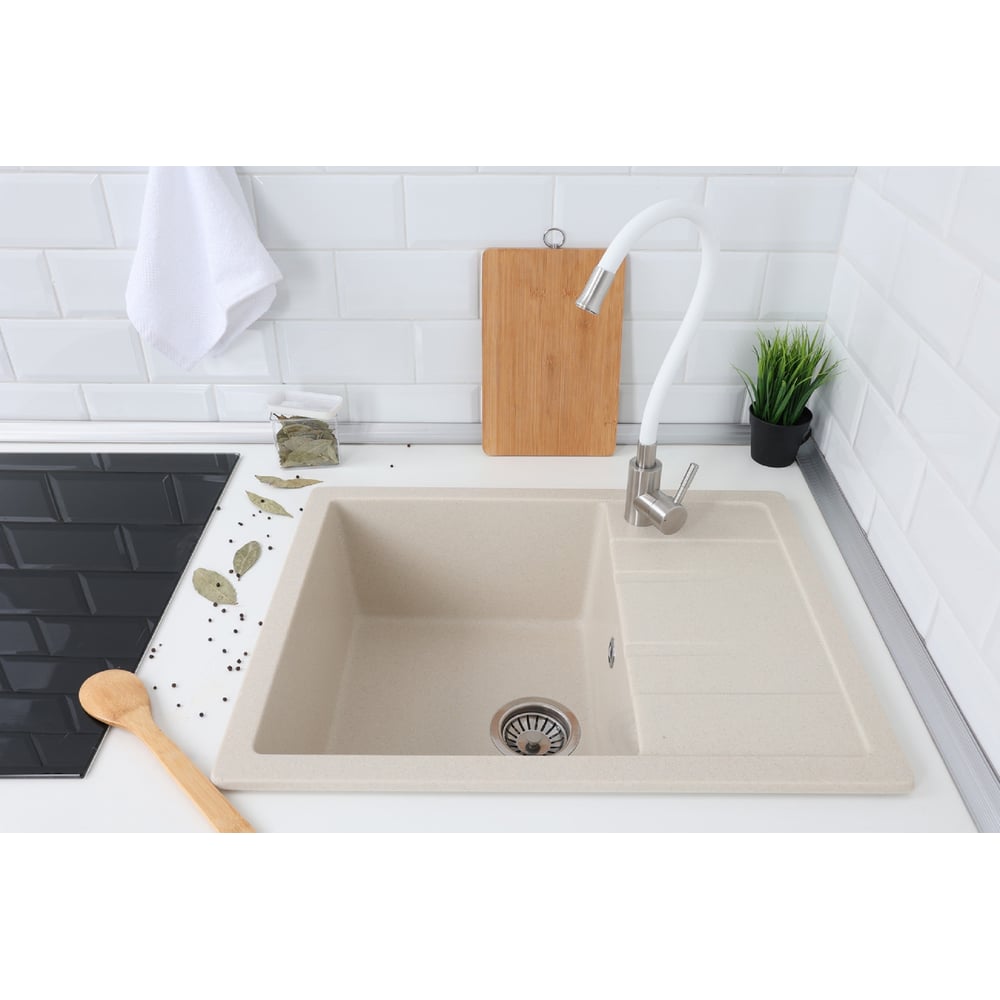 Изображение товара Кухонная мойка Alcora Амина из искусственного камня 640x505 мм бежевый с сифоном