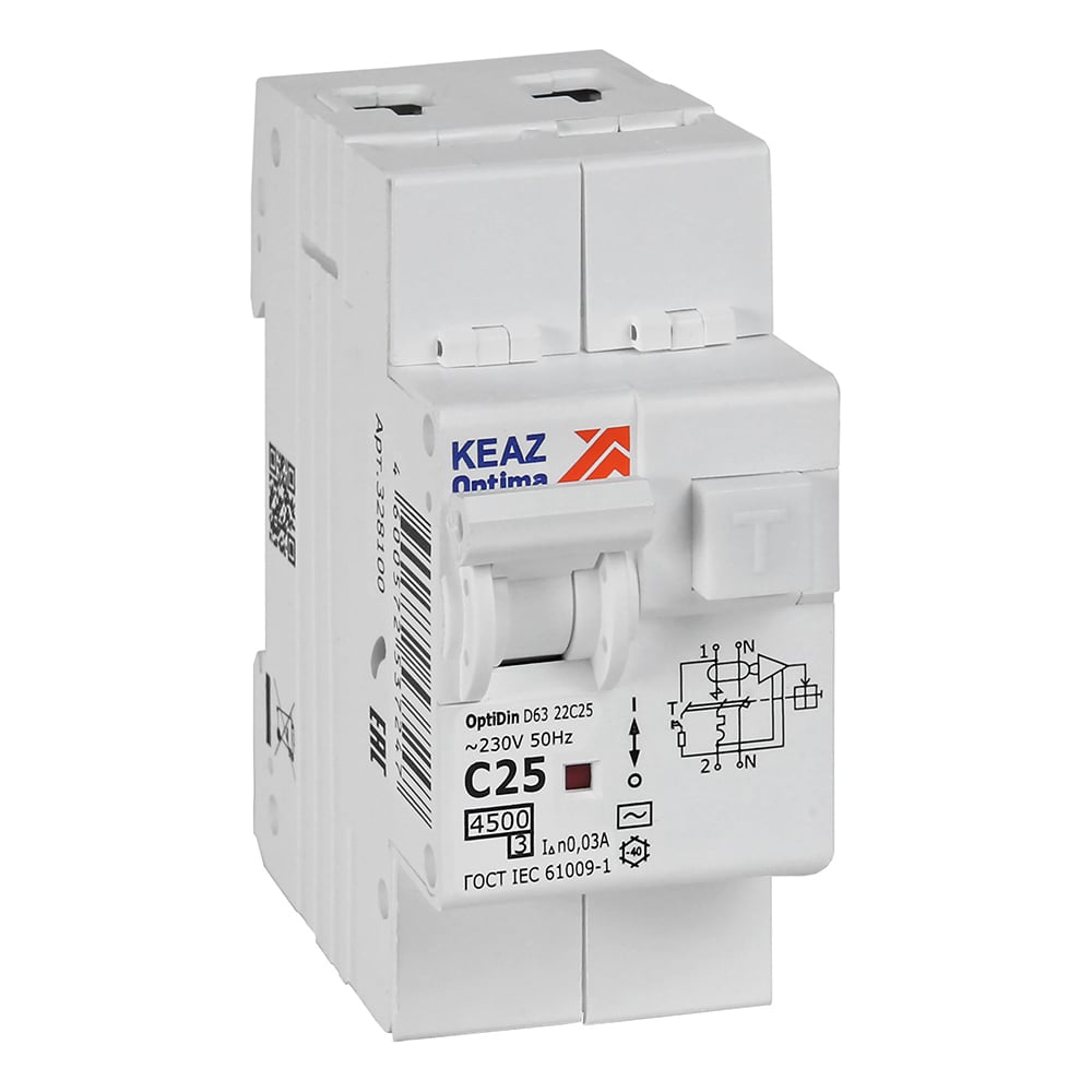 Изображение товара Автоматический выключатель дифференциального тока АВДТ с защитой от сверхтоков КЭАЗ OptiDin D63-22C25-AC-У3 (2P, C25, 30mA, 4,5кА) 328100