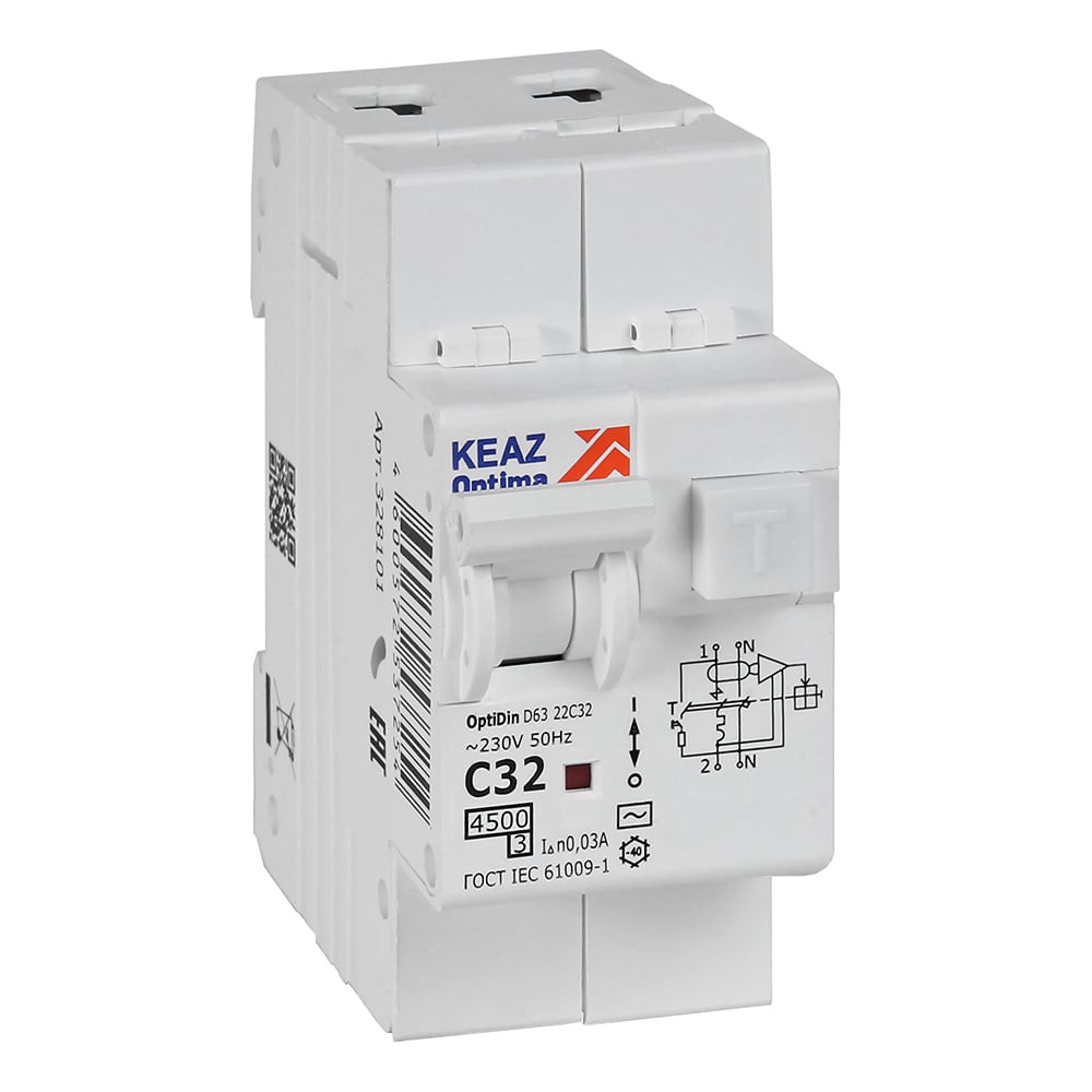 Изображение товара Автоматический выключатель дифференциального тока АВДТ с защитой от сверхтоков КЭАЗ OptiDin D63-22C32-AC-У3 (2P, C32, 30mA, 4,5кА) 328101