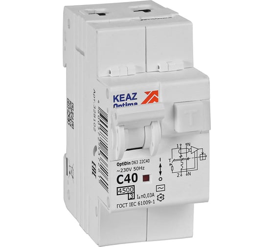 Изображение товара Автоматический выключатель дифференциального тока АВДТ с защитой от сверхтоков КЭАЗ OptiDin D63-22C40-AC-У3 (2P, C40, 30mA, 4,5кА) 328102