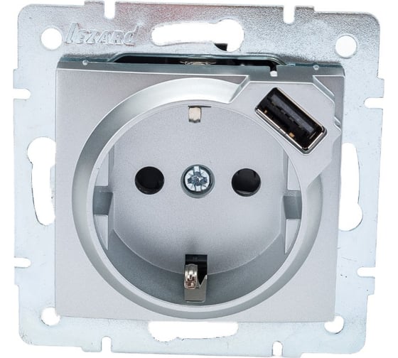 Изображение товара Розетка + USB разъём Lezard, KARINA, с заземлением, матовое серебро, 707-4388-181