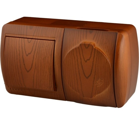 Изображение товара Выключатель и розетка Lezard NATA с заземлением, с крышкой, сосна, горизонталь 710-0800-170