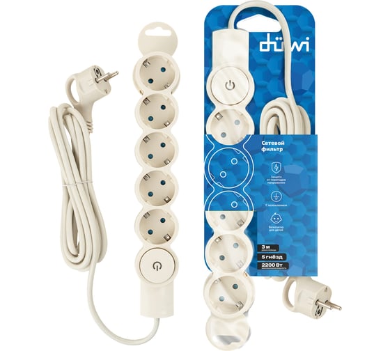 Изображение товара Сетевой фильтр duwi 5 гнезд, 3м с выключателем, с заземлением, со шторками 32572 7