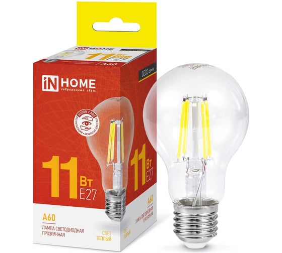 Изображение товара Светодиодная лампа IN HOME LED-A60-deco 11Вт 230В Е27 3000К 1160Лм прозрачная 4690612026121
