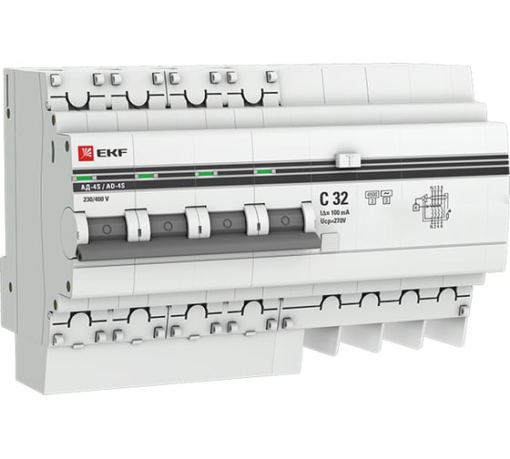 Изображение товара Дифференциальный автомат EKF АД-4 S 32А/100мА C AC электронный защита 270В 45кА PROxima DA4-32-100S-pro