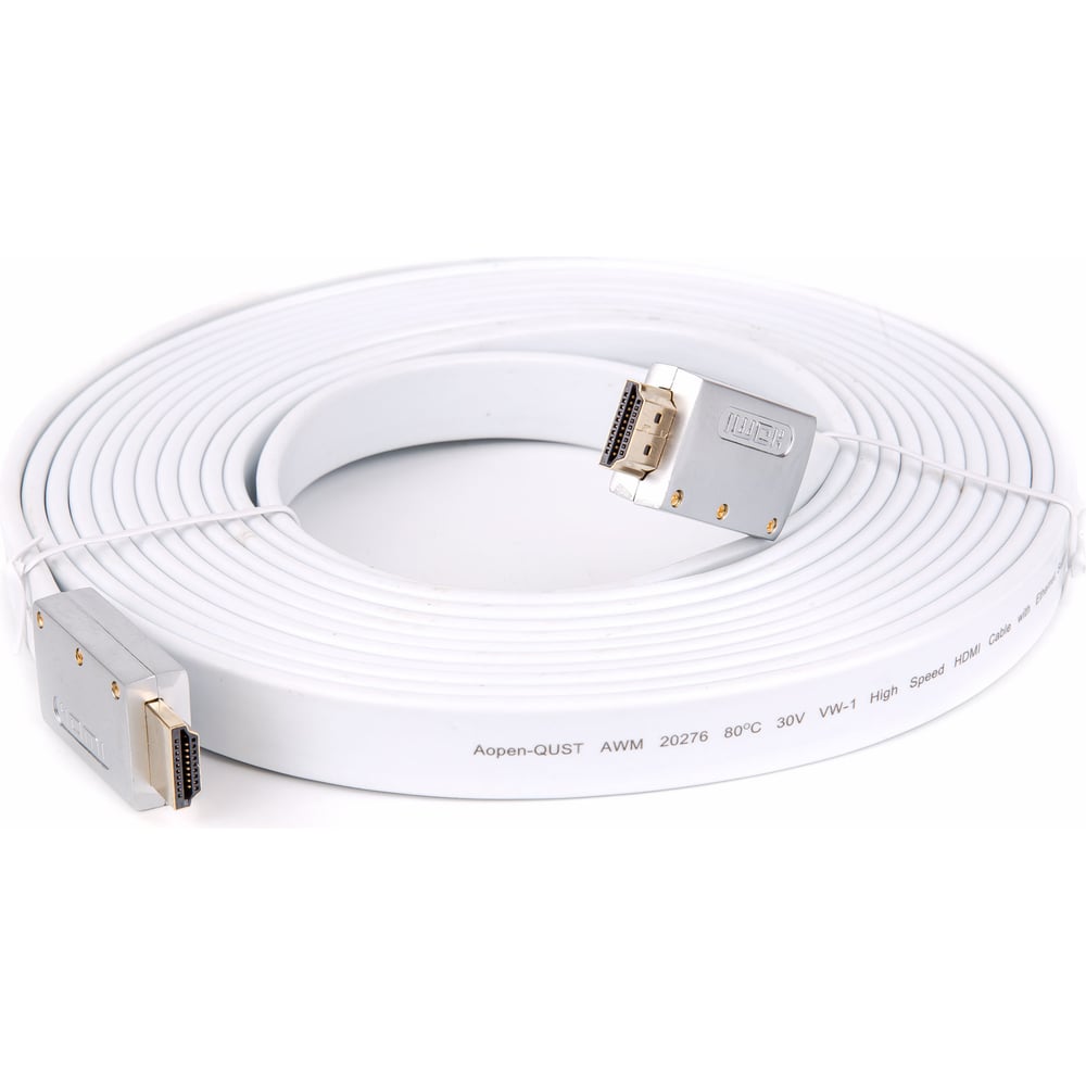 фото Кабель hdmi aopen/qust 19m/m ver 2.0, 10m, серебряно-белый flat acg568f-s-10m