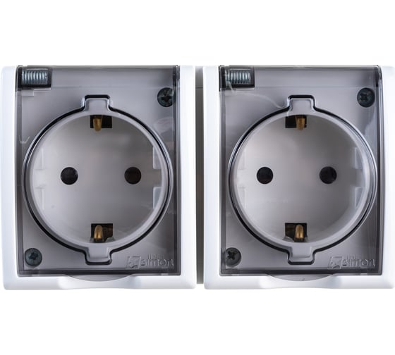 Изображение товара Двойная розетка Simon с заземлением Schuko со шторками, с крышкой полупрозрачной, IP54, 16А 250В 1594443-030