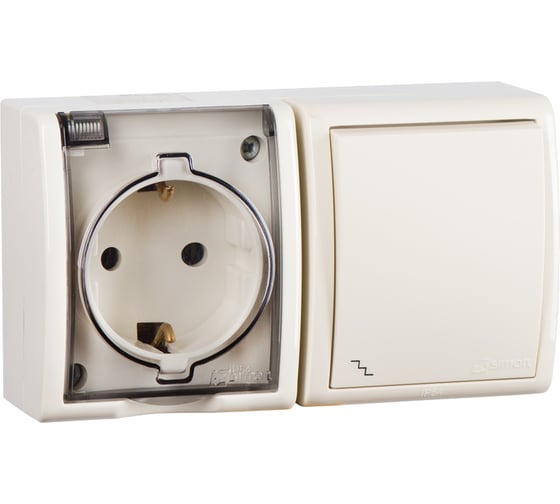 Изображение товара Блок розетка с заземлением + выключатель 1 клавишный проходной Simon Schuko 16А 250В 10А 250В, IP54, S1 1594516-031