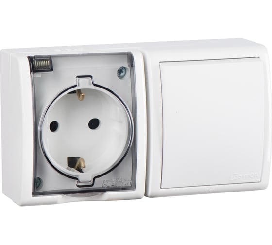 Изображение товара Блок розетка + выключатель 1 клавишный Simon с заземлением Schuko 16А 250В 10А 250В, IP54, S15 Aqua 1594511-030