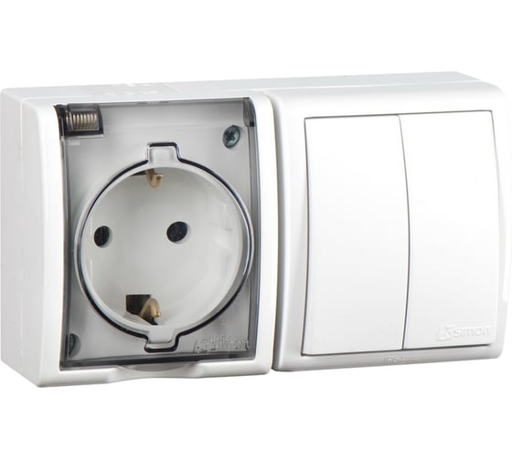 Изображение товара Блок розетка + выключатель 2-х клавишный Simon с заземлением Schuko 16А 250В 10А 250В, IP54, S15 Aqua 1594515-030