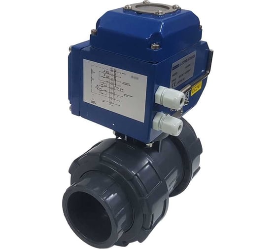 Изображение товара Двухходовой ПВХ шаровый кран TECHNO 2050PVC-NP30DF24V DN50, с электроприводом 30Нм, 24В, управление открыто/закрыто 672502
