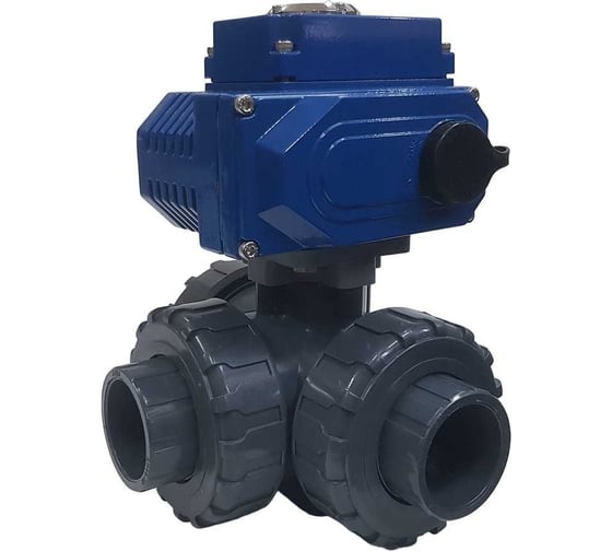 Изображение товара Трехходовой ПВХ шаровый кран TECHNO 3050PVC-NP50DF24V DN50, с электроприводом 50Нм, 24В, управление открыто/закрыто 673502