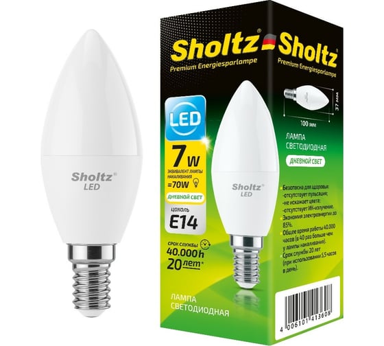 Изображение товара Светодиодная лампа Sholtz свеча 7Вт E14 4200К 220В LOC4136