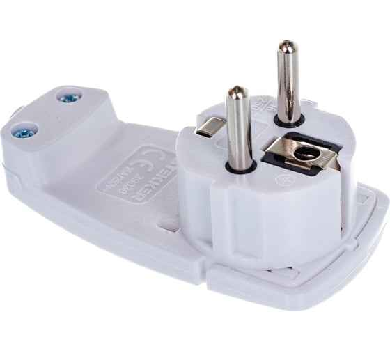Изображение товара Угловая вилка STEKKER плоская с кольцом, с заземлением, 250В,16A, IP20, белая, PPG16-45-202 39039