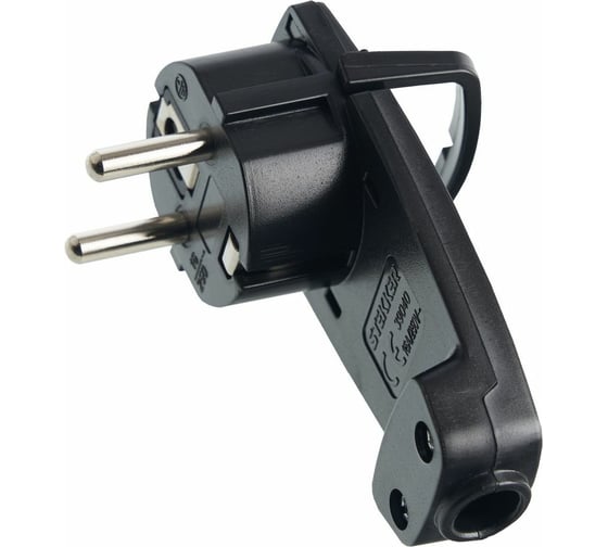 Изображение товара Угловая вилка STEKKER плоская с кольцом, с заземлением, 250В,16A, IP20, черная, PPG16-45-202 39040