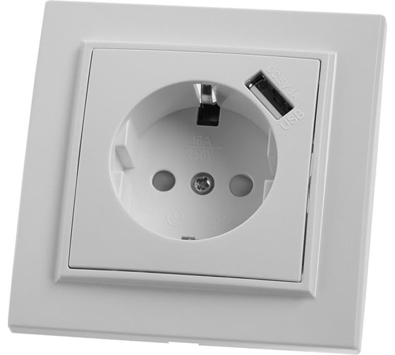 Изображение товара Розетка STEKKER 1-местная с/з, 220В, 16А с защитной шторкой и с USB, серия Эрна, белая 39051
