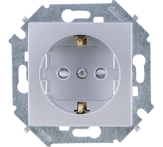 Изображение товара Розетка Simon с заземлением Schuko со шторками, 16А, 250В, винтовой зажим, алюминий 1591443-033