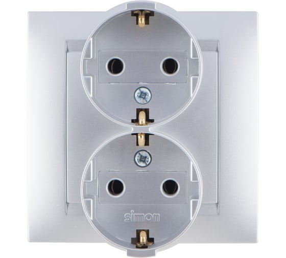 Изображение товара Двойная розетка Simon с заземлением, Schuko, 16А, 250В, винтовой зажим, алюминий 1590459-033