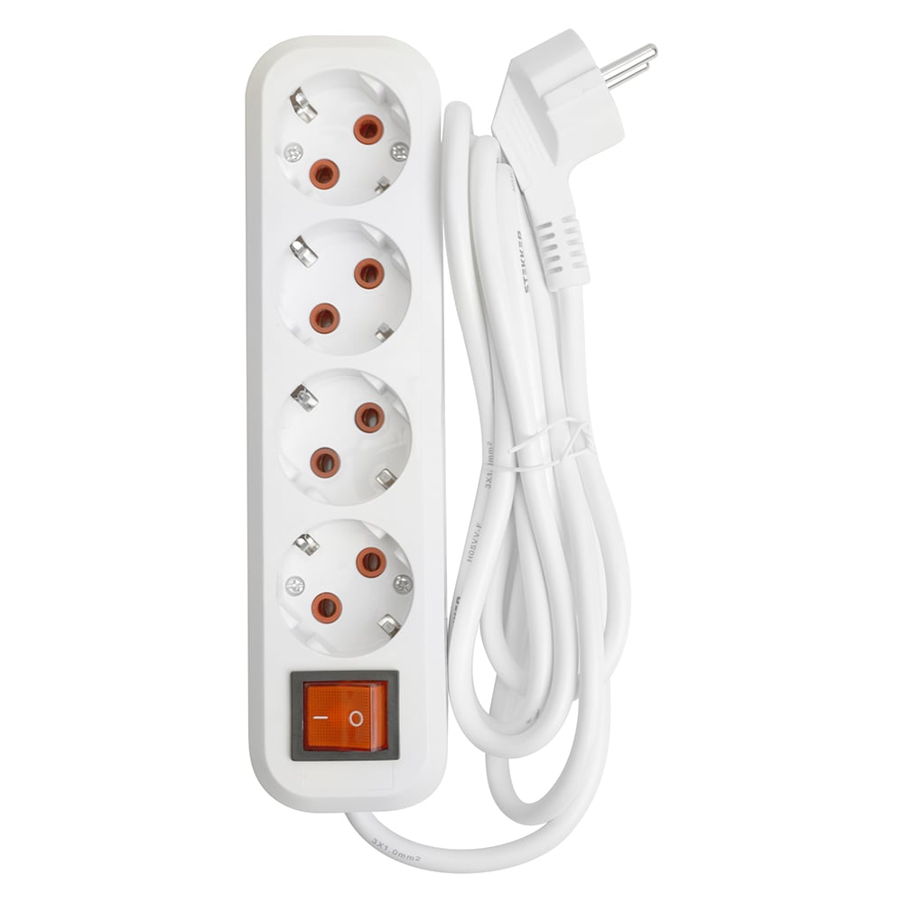 Изображение товара Удлинитель четырехместный STEKKER с заземлением с выключателем hm07-41-05 3x1мм2, 5м, серия home (у16а-003), белый, 49360