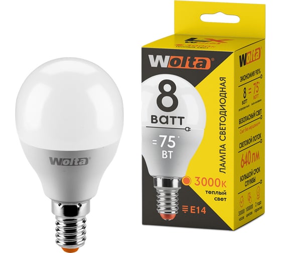 Изображение товара Лампа WOLTA LX G45 E14 8W 3000K 30Y45GL8E14