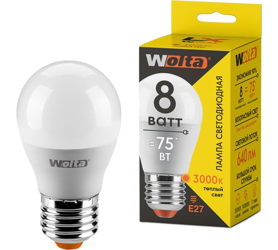 Изображение товара Светодиодная лампа Wolta LED 8Вт, 3000K Теплый свет, цоколь Е27 30Y45GL8E27