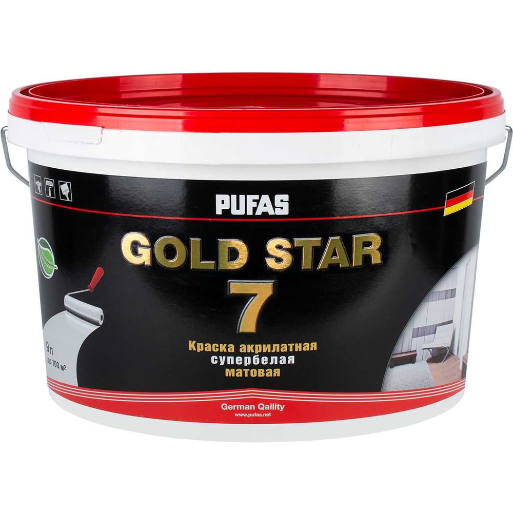 Изображение товара Акрилатная краска Pufas GOLD STAR 7 супербелая матовая 9л для внутренних работ