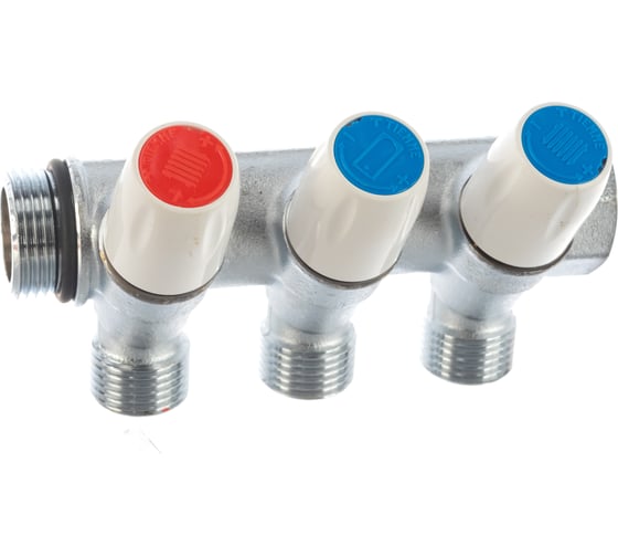 Изображение товара Коллектор Tiemme Maxima НВ, 3/4", с вентилями, 3 выхода, 1/2", Н 36 мм, хром 1860005