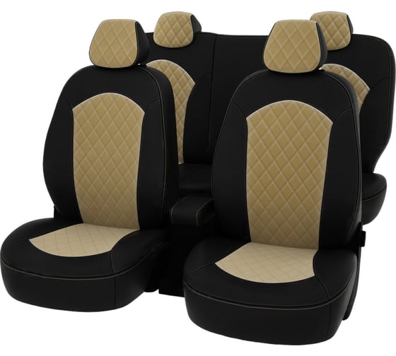Изображение товара Чехлы PSV Hyundai Solaris II Kia Rio IV 2017 седан Comfort Prestige РОМБ отстрочка бежевая черная экокожа бежевый велюр 136417