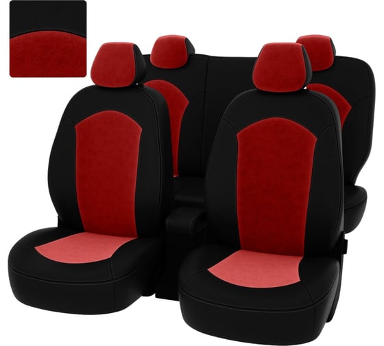 Изображение товара Чехлы PSV Hyundai Solaris II Kia Rio IV 2017 седан Comfort Prestige черная экокожа красный велюр 136414