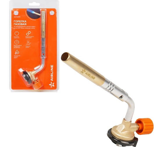 Изображение товара Горелка газовая Airline на цанговый баллон, ручной поджиг, сопло D12x130мм, латунный клапан ADTG001