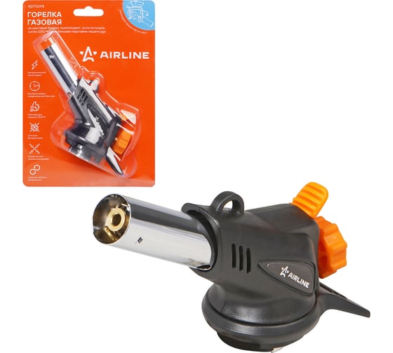 Изображение товара Горелка газовая Airline на цанговый баллон, пьезоподжиг, анти-вспышка, сопло D20x60 мм, боковая подставка-защита рук ADTG014